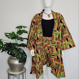 Bold Print Kimono Duster Outfit – Matching Shorts, Top, Belt and Headwrap